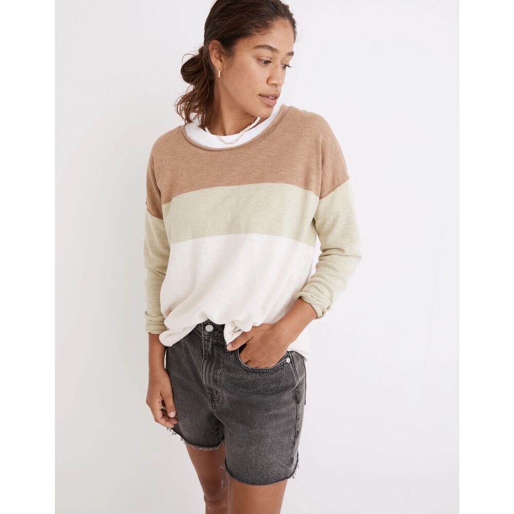 Madewell Women's Sweater Size XS Palmdale Pullover Colorblock Stripe Green‎ Tan